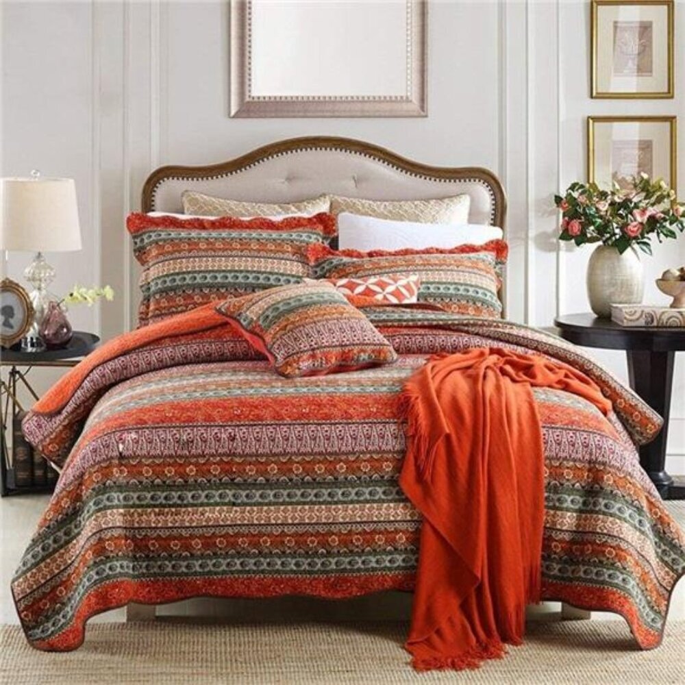 Striped Classical Cotton 3-Piece Patchwork Bedspread Quilt Sets, Queen Size